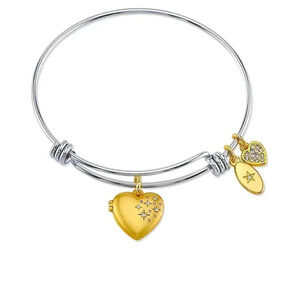 Heart Locket Gold Stainless Steel Waterproof Satin Adjustable Bangle Bracelet